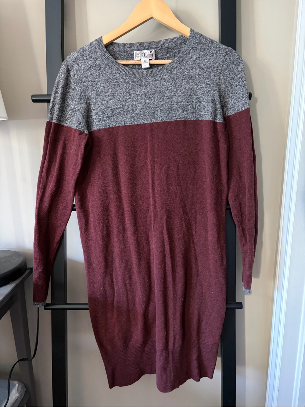 Roots Two-Tone Crewneck Sweater Dress in Grey and Burgundy